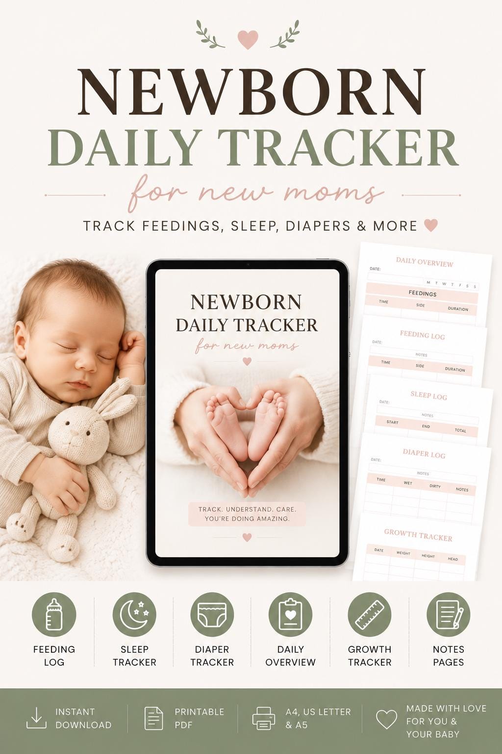 Baby Feeding, Sleep & Diaper Tracker | Daily Tracker for New Moms | PDF Printable
