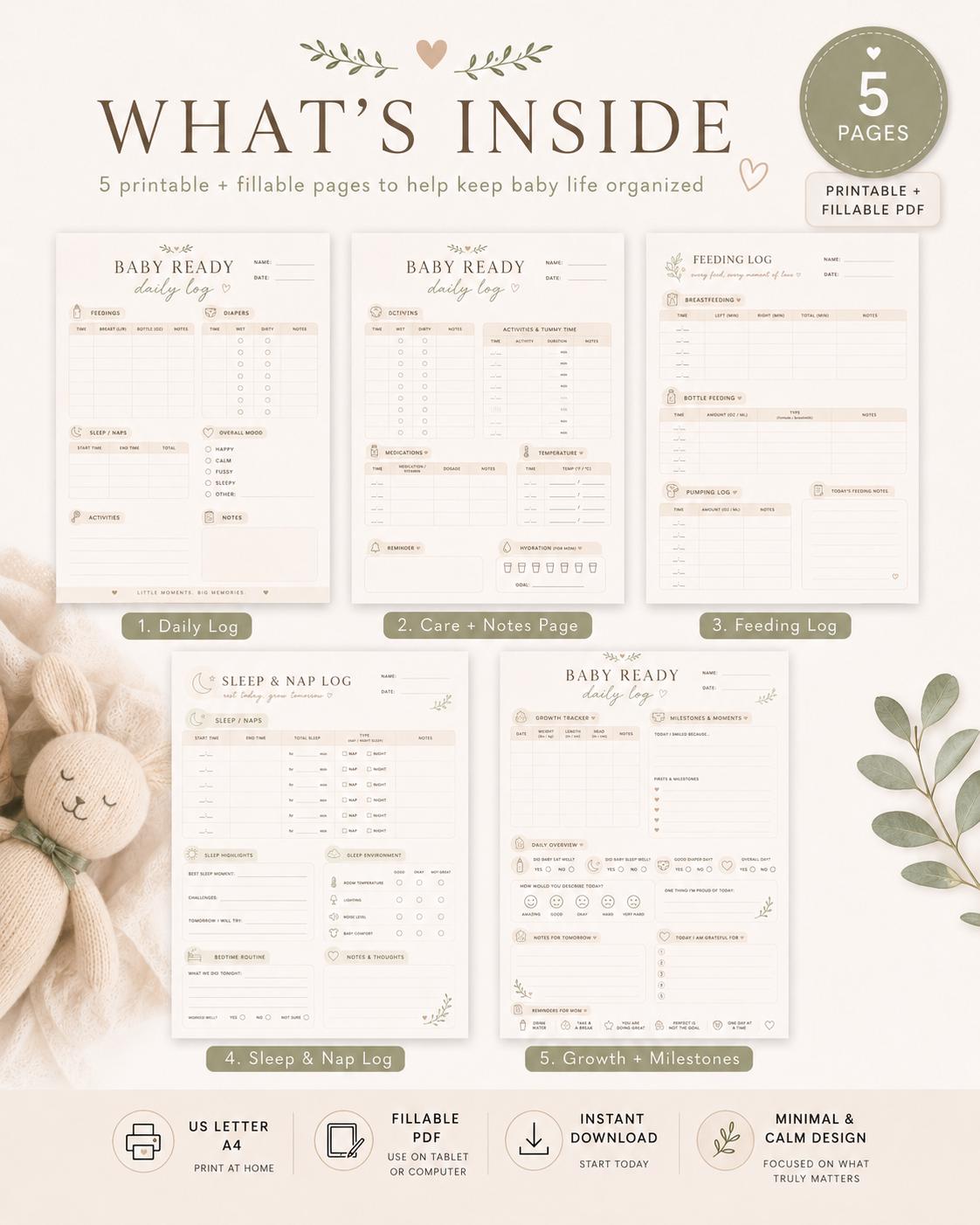 Baby Feeding, Sleep & Diaper Tracker | Daily Tracker for New Moms | PDF Printable
