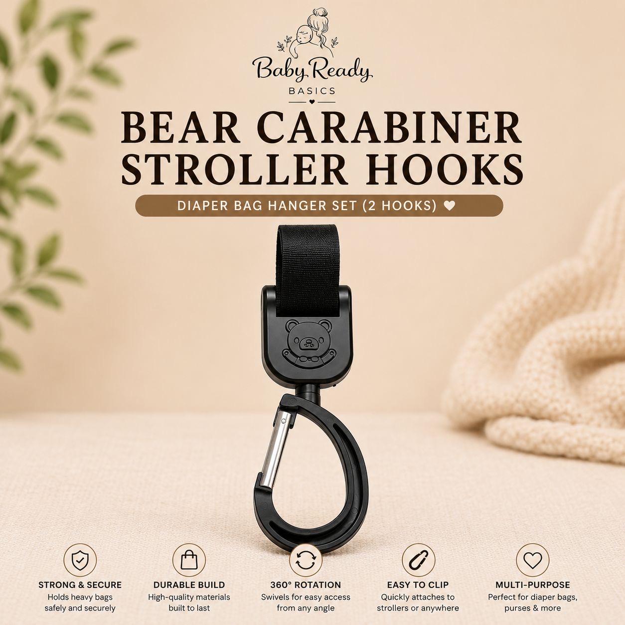 Stroller Hook Set — Bear Detail Carabiner Clips, Set of 2