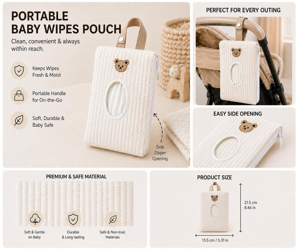 Quilted Bear Wipes Pouch — Embroidered Baby Wipe Holder with Zipper Pocket