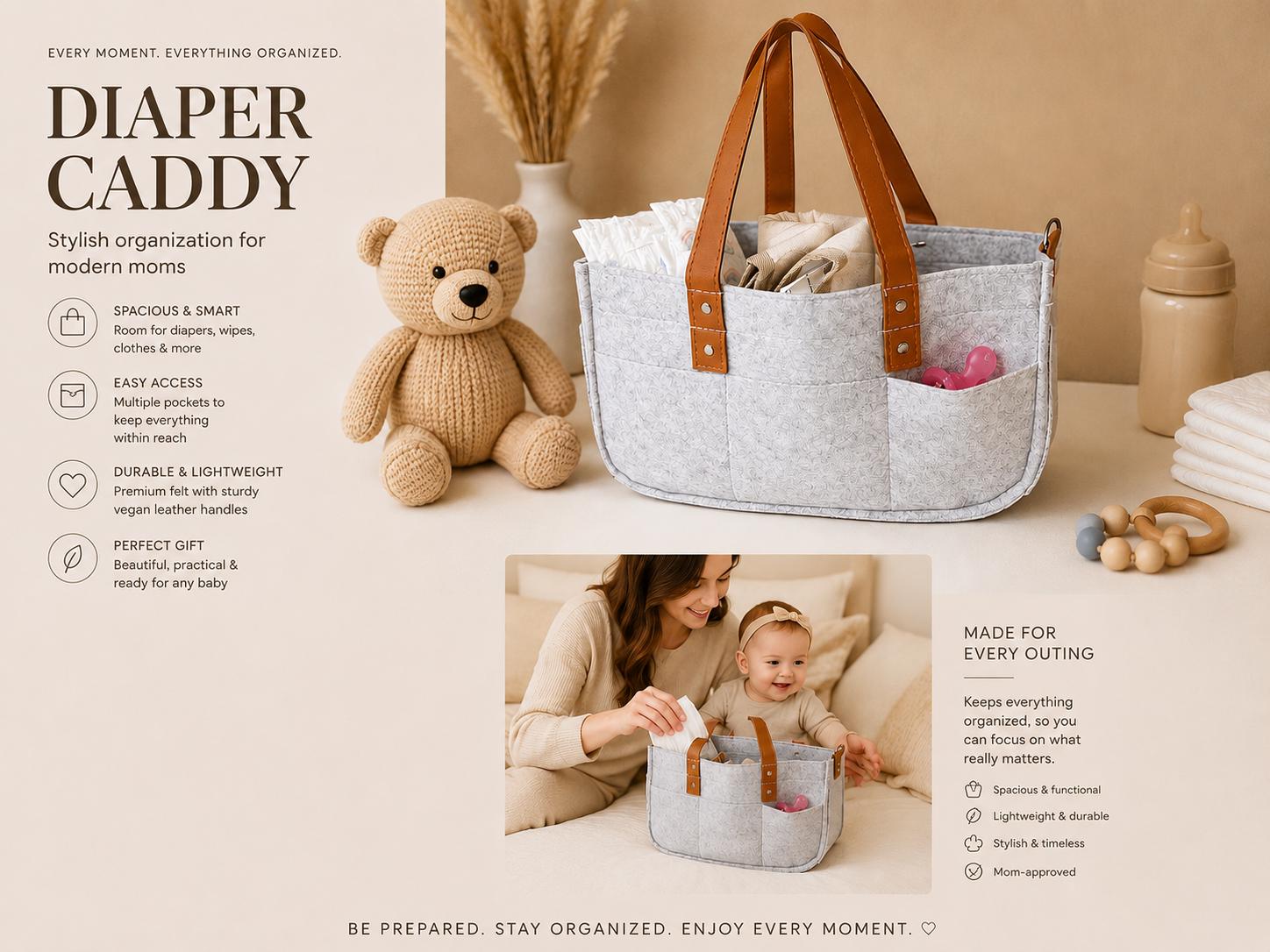 Felt Diaper Caddy Organizer, Baby Essentials Storage Basket, Portable Nursery Bag