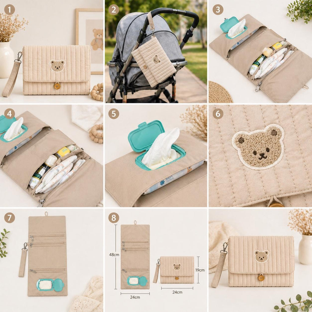 Quilted Bear Diaper Organizer — Multi Pocket Stroller Bag with Wipes Holder