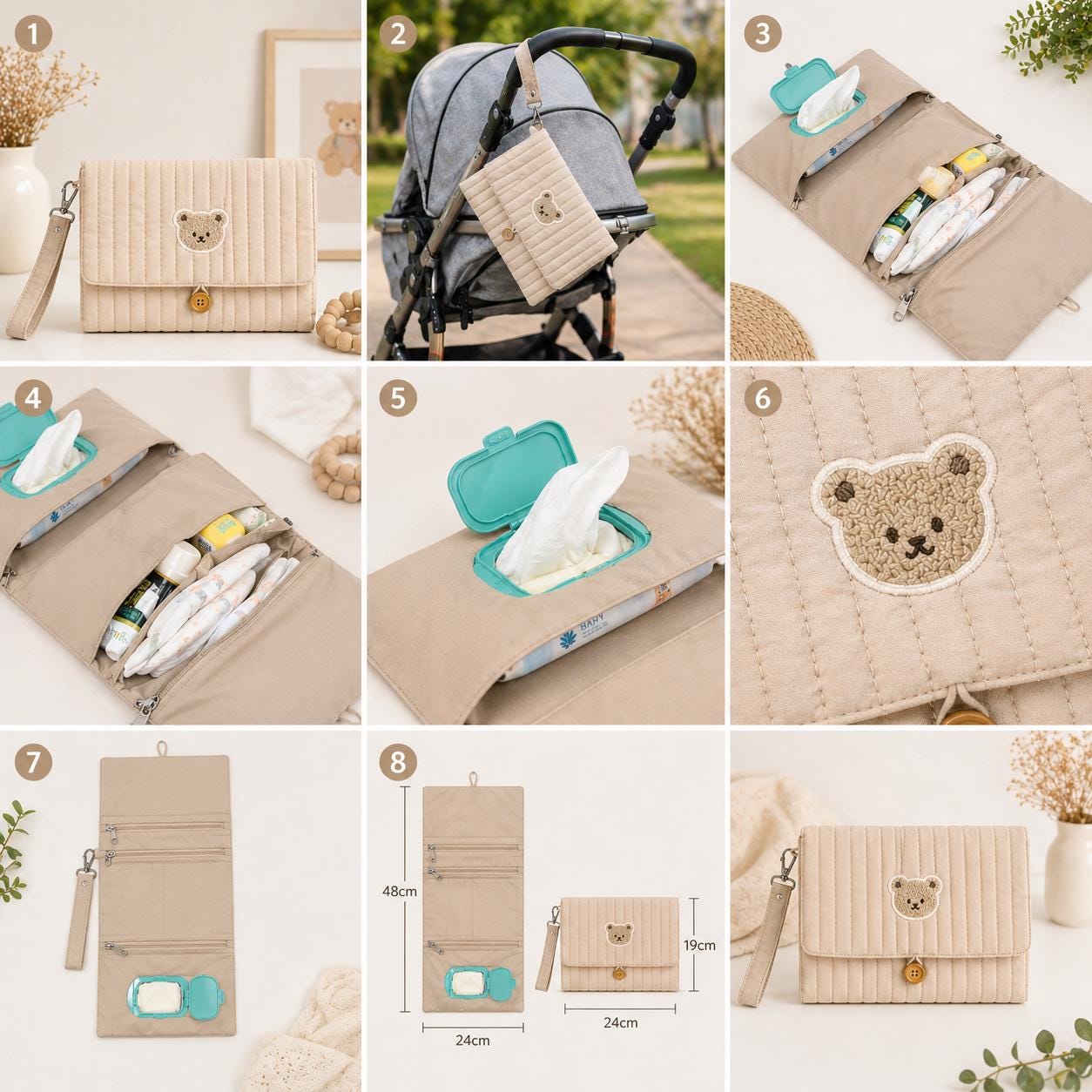 Quilted Bear Diaper Organizer — Multi Pocket Stroller Bag with Wipes Holder
