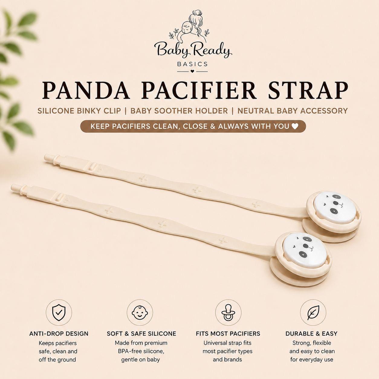 Panda Pacifier Clip — Adjustable Silicone Strap for Boys & Girls
