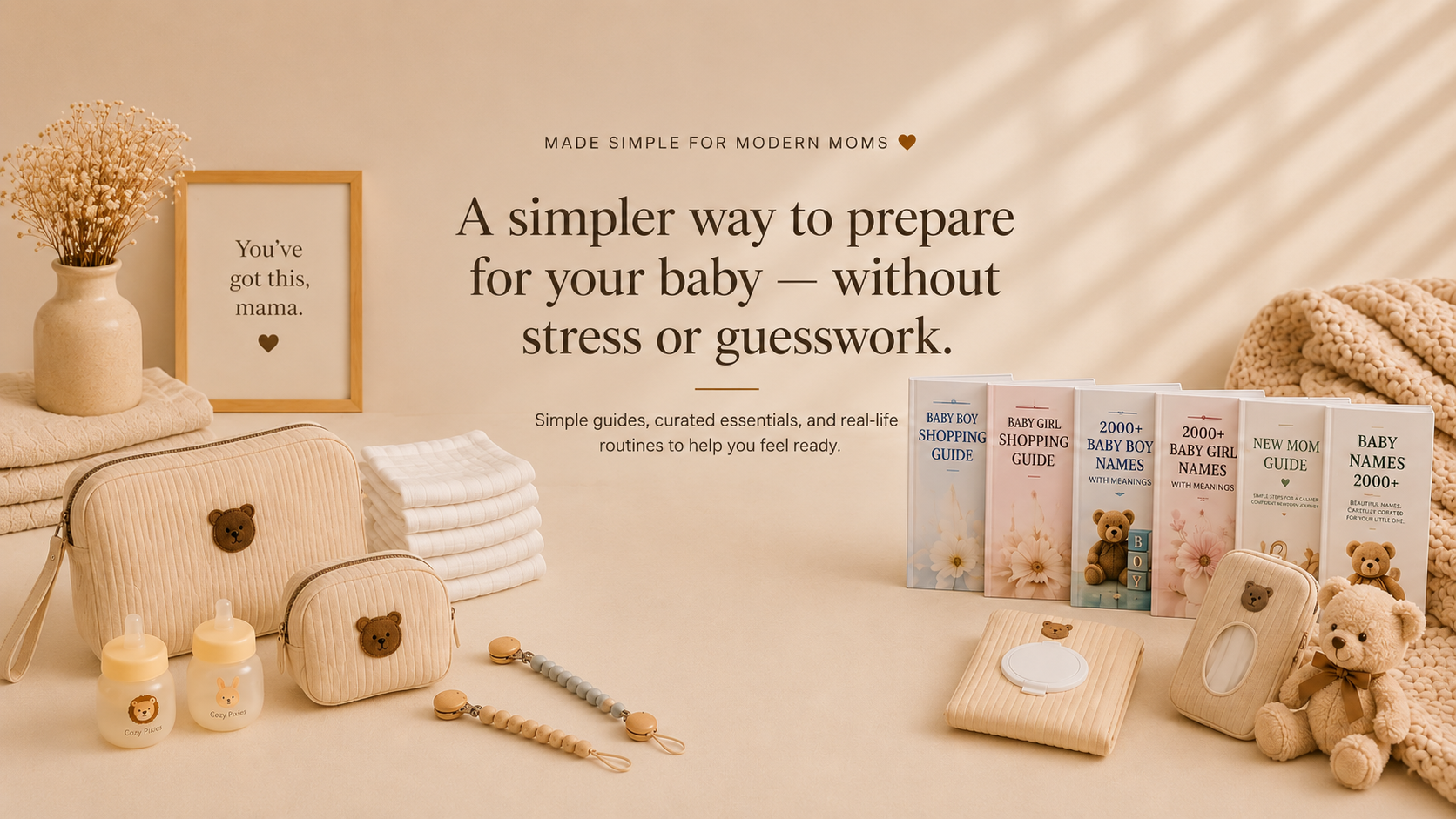 Baby preparation products and books on a neutral background with text about simplifying baby preparation.