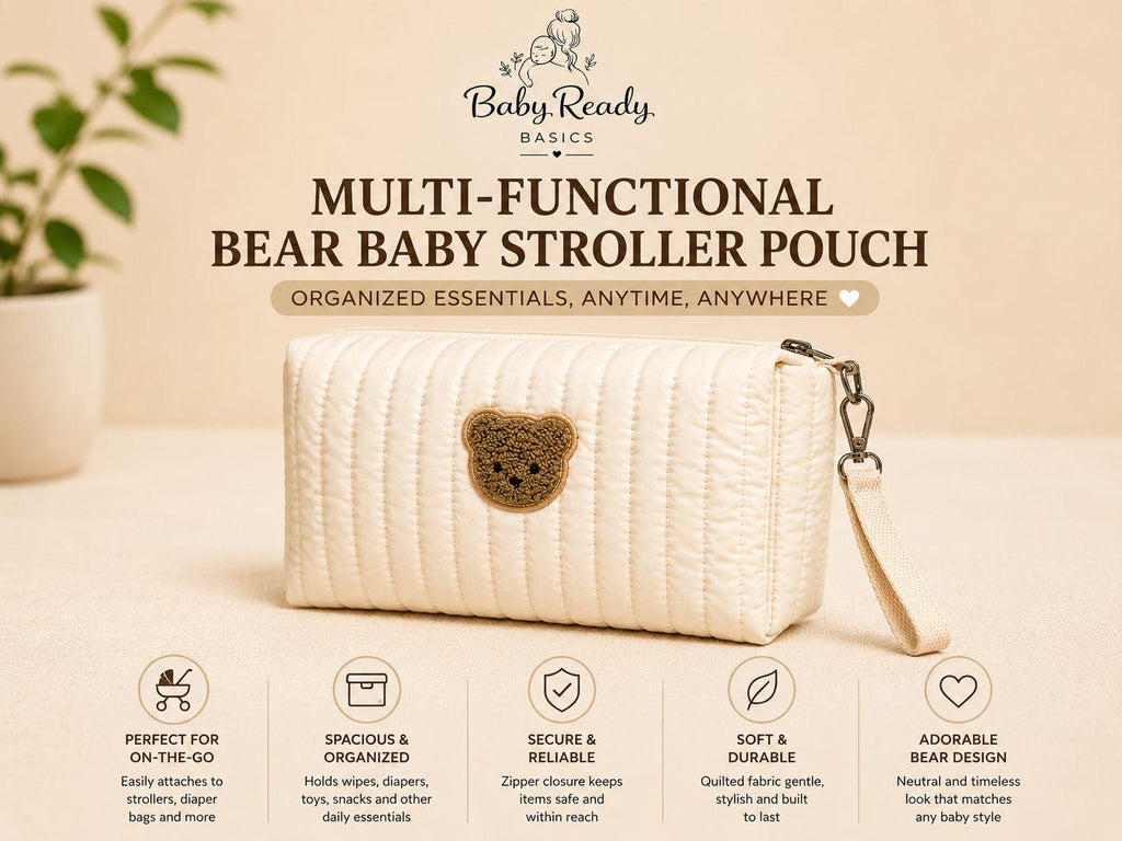 Quilted Bear Stroller Pouch — Baby Organizer Bag with Carabiner Clip