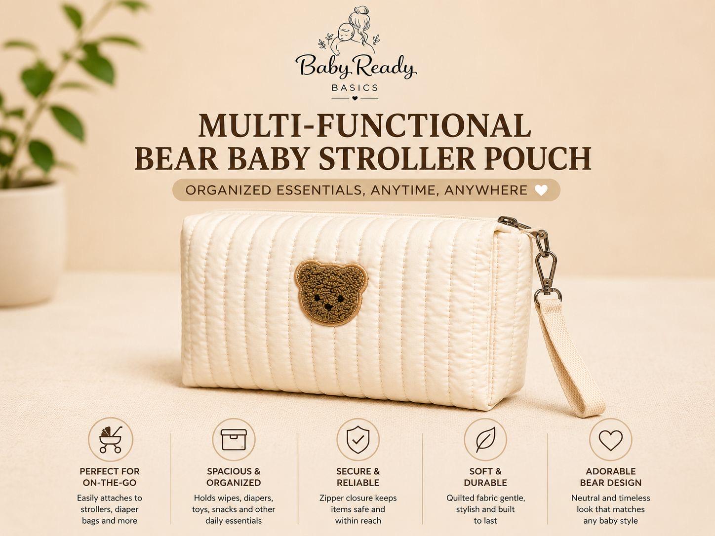 Quilted Bear Stroller Pouch — Baby Organizer Bag with Carabiner Clip