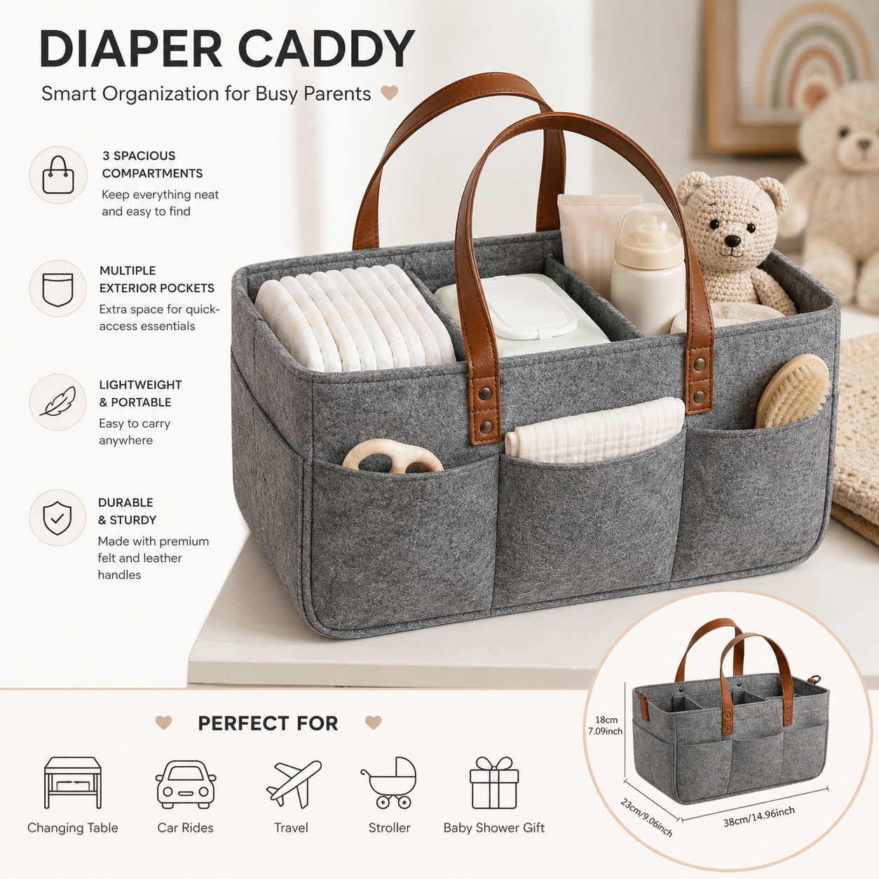 Baby Diaper Caddy Organizer | Nursery Storage Basket & Baby Shower Gift