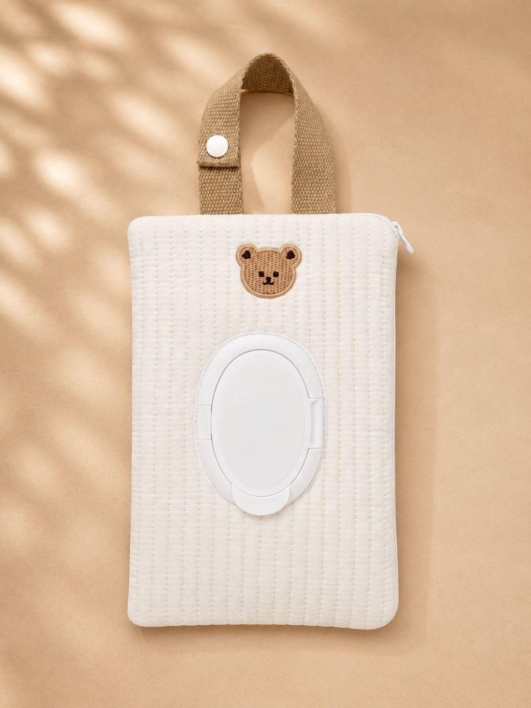 Quilted Bear Wipes Pouch — Embroidered Baby Wipe Holder with Zipper Pocket