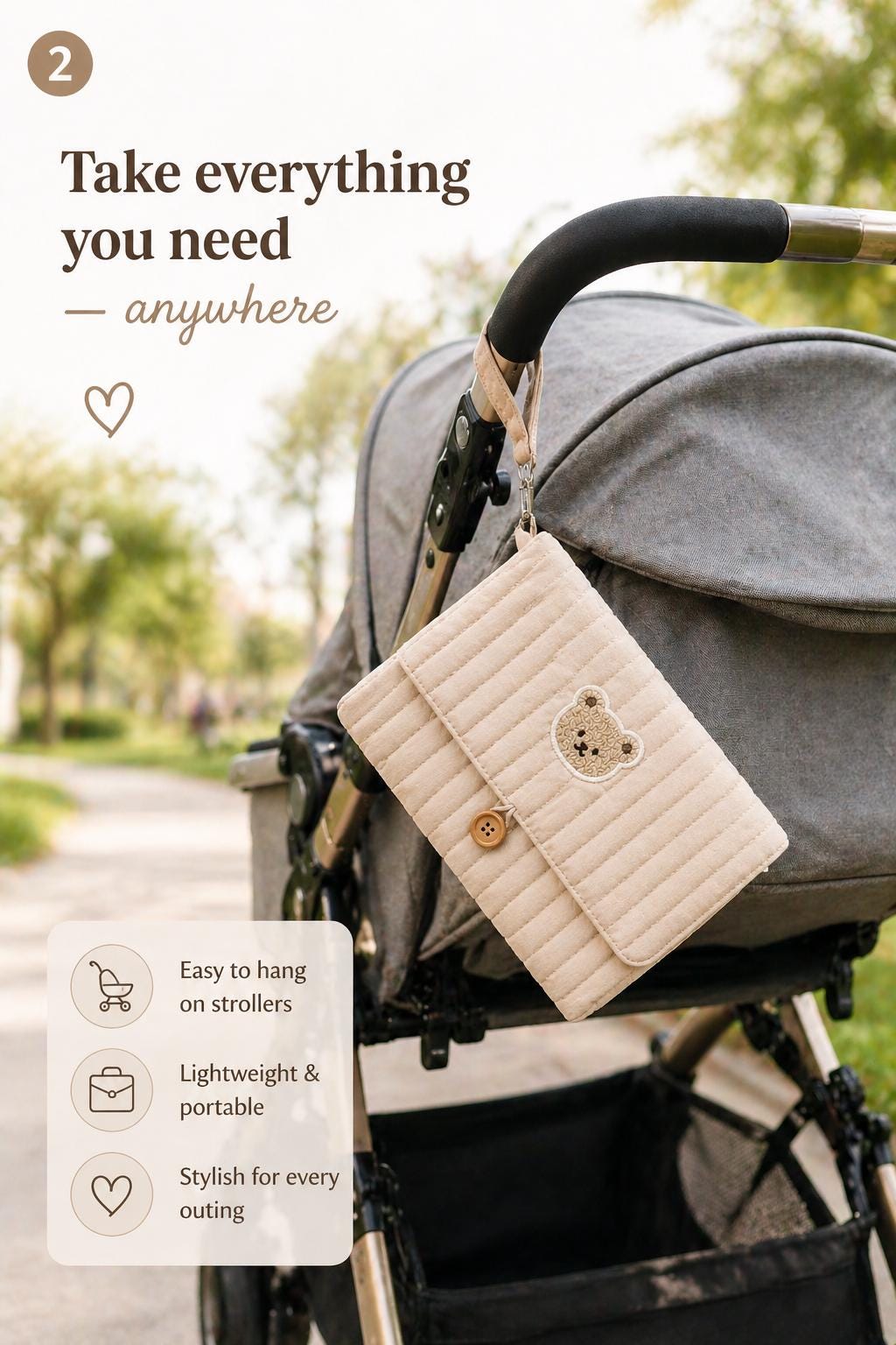 Quilted Bear Diaper Organizer — Multi Pocket Stroller Bag with Wipes Holder
