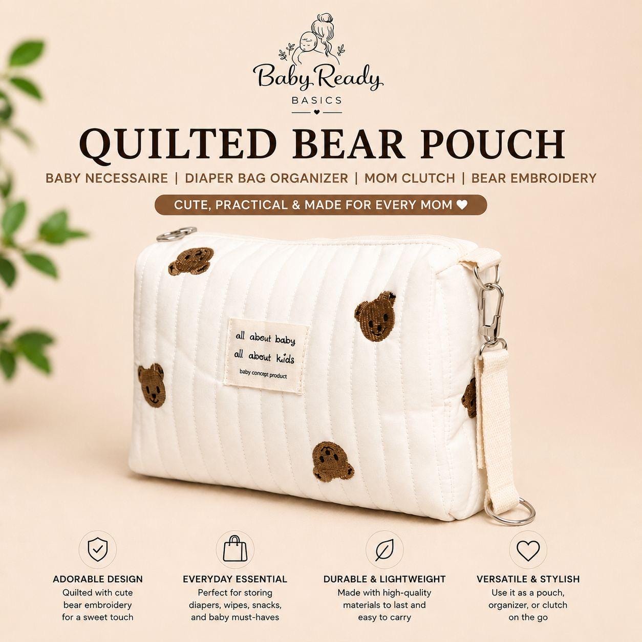 Quilted Bear Pouch — Baby Diaper Bag Organizer with Wrist Strap