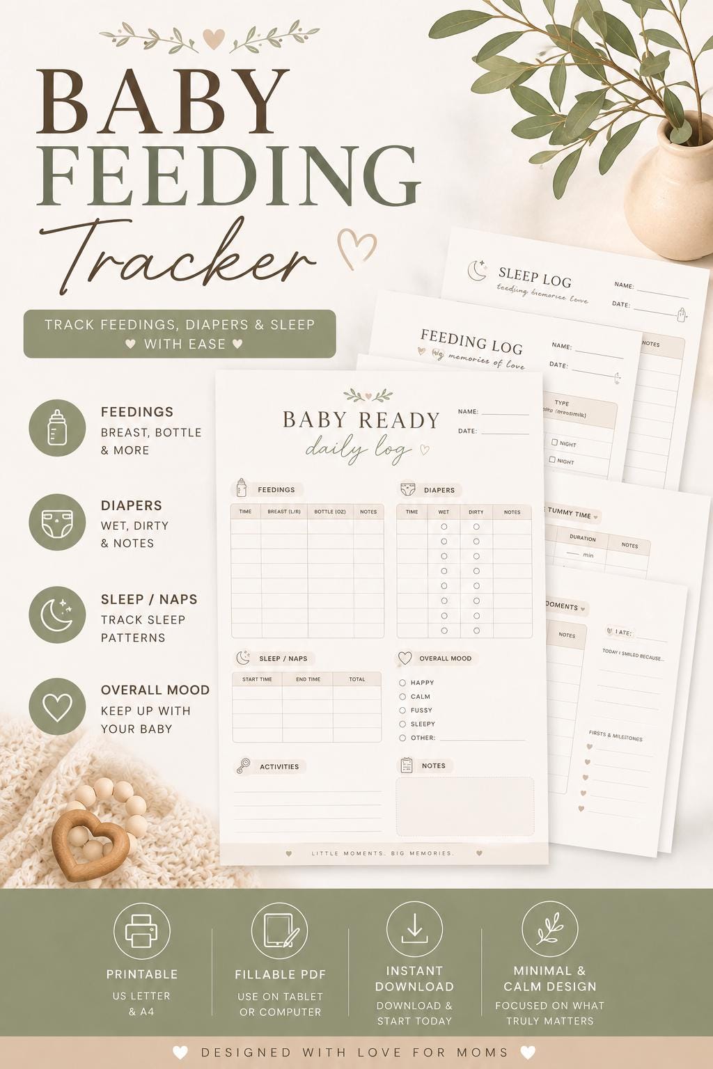 Baby Feeding, Sleep & Diaper Tracker | Daily Tracker for New Moms | PDF Printable