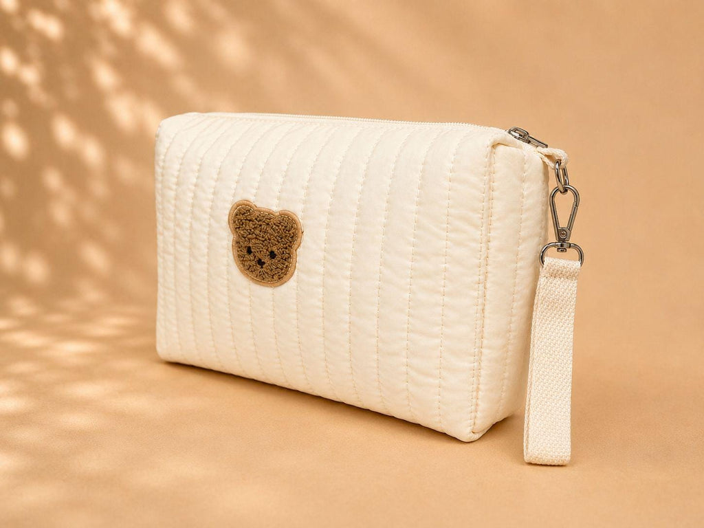 Quilted Bear Stroller Pouch — Baby Organizer Bag with Carabiner Clip